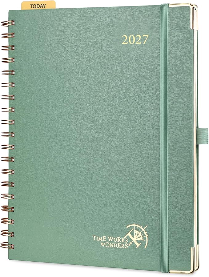 POPRUN 2027 Planner Daily Weekly and Monthly Calendar with Hourly Schedule, Monthly Tabs(Large Size 10'' x 8'' Wire-Bound Hard Cover) - Agenda 2027 (Jan.2027-Dec.2027) - Midnight Green
