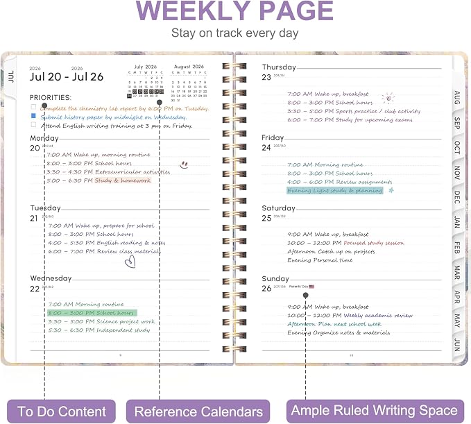 Planner 2026-2027, Weekly and Monthly Academic Year Calendar Planner, July 2026 - June 2027, Daily Agenda Book for Office School Supplies, A5(6.3'' x 8.5'')