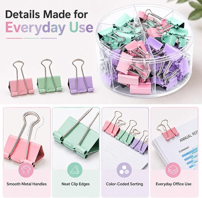 Binder Clips Assorted Sizes, Durable Metal Binder Clips for Office, Cute Desk Supplies for Teachers Student (60, Morandi)