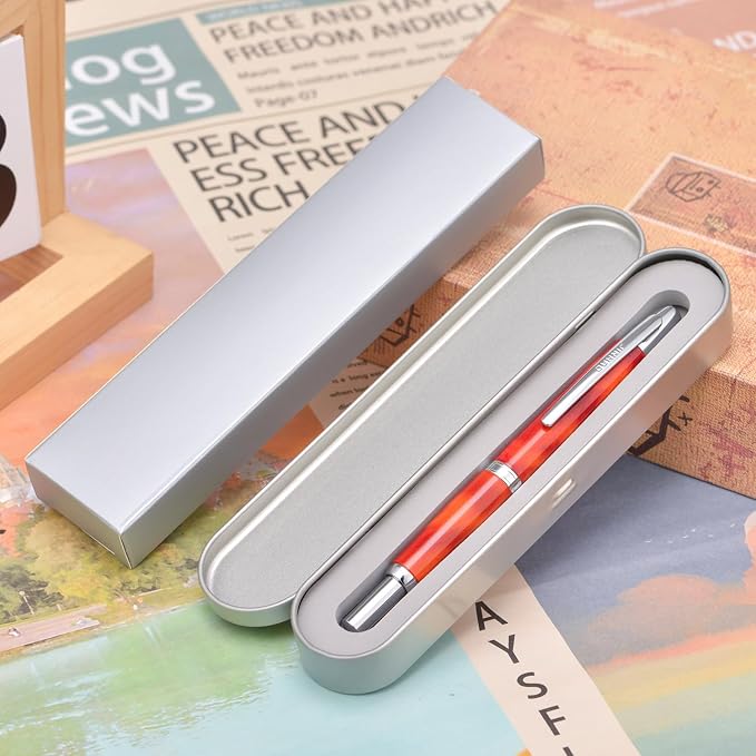 Jinhao 10 Press Fountain Pen with Box, Volcanic Red Retractable Fine Nib with Ink Converter Set (Silver Clip)