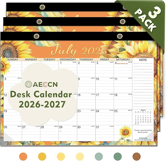 AECCN Desk Calendar 2026-2027, 18 Months Calendar-17" x 11.4" Flower 3 Pack | Large Space | 110G Anti Ink Bleed | Transparent Cover | with Stickers | Teacher supplies | Office Planning