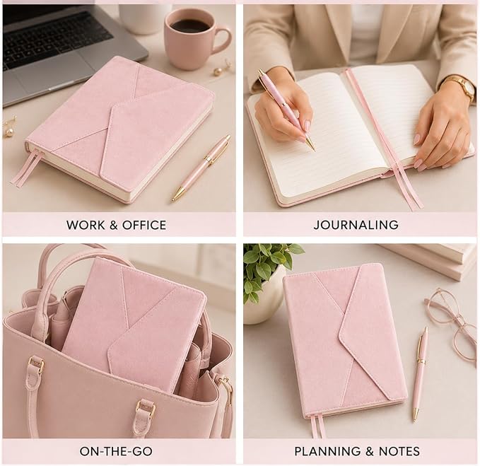 WORLD TRAVELER Eccolo Lined Journal Notebook, Velvet Hardcover, 256 Ruled Pages of Acid-Free Ivory Color Paper, Magnetic Flap Closure, 3 Bookmarks, Size 6X8, 6X8 Pink | Ivory Acid-Free Ruled Paper, 3 Sewn-In Bookmarks, Lay-Flat Design, Stitched Spine, ...