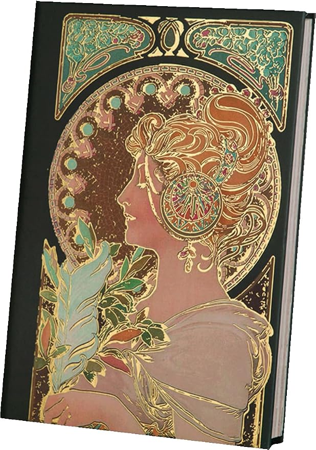 Pretty Journal for Women, Gilded Hardcover Notebook, B6, 5x7, Beautiful, Colorful Page, Fancy Notebook for Personal Writing, Alphonse Mucha Feather, Gift for Female Friend