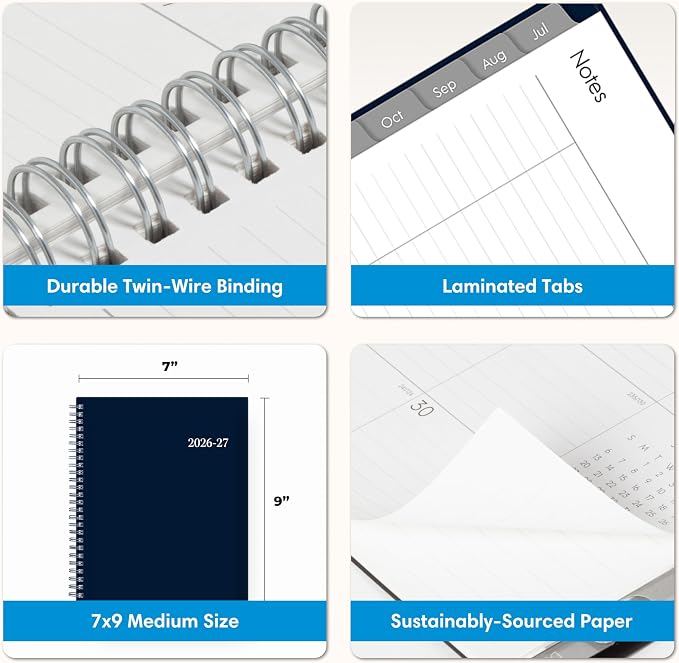 Blue Sky 2026-2027 Weekly & Monthly Academic Planner, 7"x9" Enterprise Navy | July 2026 - June 2027, Flexible Cover, Wirebound, Laminated Tabs, Academic Year