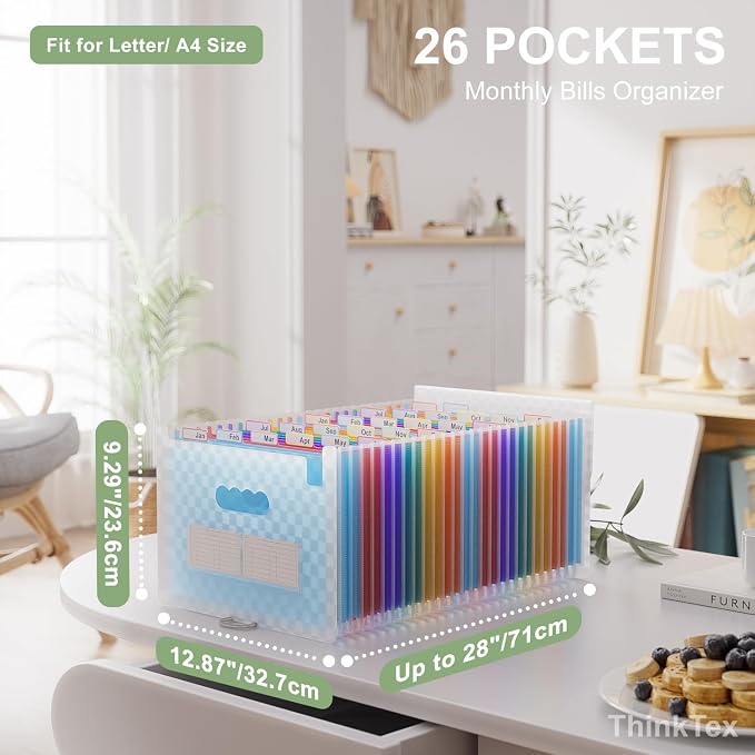 ThinkTex Accordion File Organizer, 26 Pockets Expanding File Folders, Blue | Monthly Bill Receipt Documents Organizer, A-Z Colorful Tabs, Letter/A4 Size for Classroom Office Organization Home Hospital