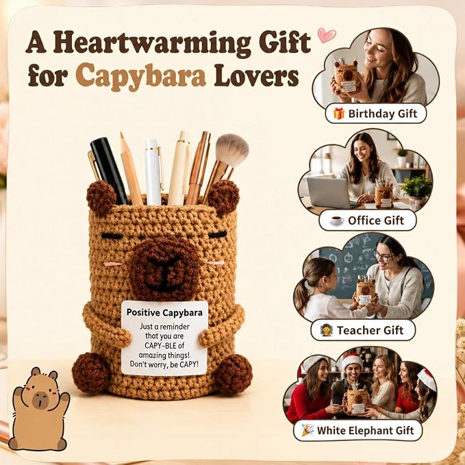 Positive Crochet Capybara Pen Holder - Cute Knitted Desk Organizer for Pens & Makeup Brushes, Funny Emotional Support Capybara Gift for Office & Teachers (Color‌1)