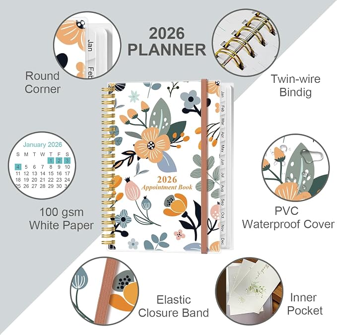 2026 Appointment Book & Planner - 2026 Daily Hourly Planner from January 2026 - December 2026, Weekly Appointment Book with 30-Minute Interval, Medium 6.4" x 8.5", Rose Flowers