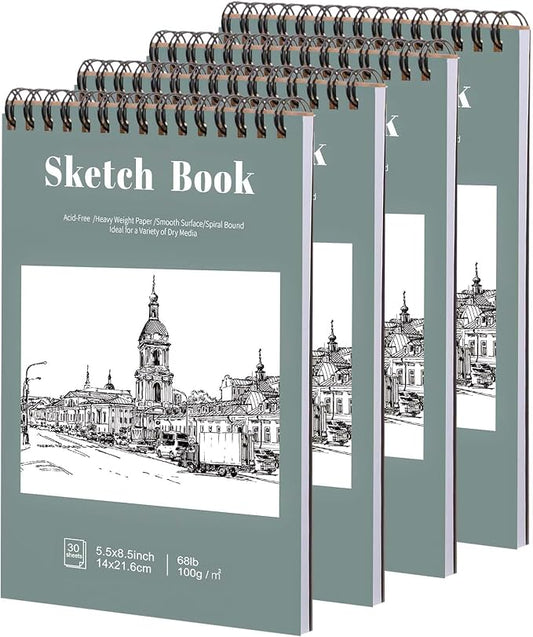 4 Pack Small Sketch Books, 5.5 x 8.5 Inch Mini Sketchbook, 68lb/100gsm Spiral Bound Small Sketch Pad, Acid Free Art Supplies Drawing Painting Sketchbook for Kids, Beginners, Artists (30 Sheets Each)