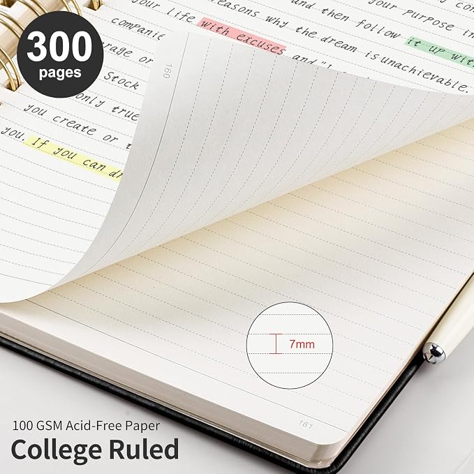 EMSHOI Lined Spiral Journal Notebook, 300 Numbered Pages, A5 (5.7"x8.2") | College Ruled, Leather Hardcover, 100 GSM Thick Paper, for School, Writing, Work, Office & Journaling (Black)