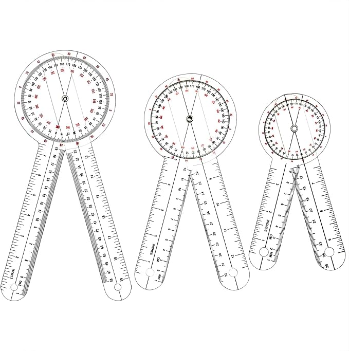 Goniometer Set 3 Pieces of 6/8/12 Inch, Transparent Orthopedic Angle Ruler Plastic Goniometer, 360 Degree Clear Protractor Physical Therapy for Body Measuring Tape Goniometer Protractor Ruler