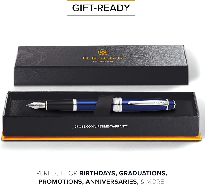 Cross Bailey Blue Lacquer Stainless Steel Medium Nib Fountain Pen - Professional Fountain Pen for Effortless Writing - Refillable - Black Ink - Gift-Ready