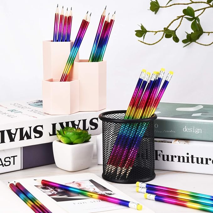 Outus 48 Pieces Rainbow Pencils Colorful Wooden Pencil Bulk with Eraser Top Writing Fun Assorted Novelty Supplies Awards Incentives for Home Office School Classroom