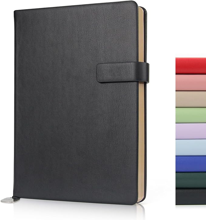 Hardcover Leather Journal Notebook A5 Blank 212 Pages 5x8.25 Inches Gold Edged Pages with Strap Closure Travel Work School Writing Journaling Notebooks for Women Men Gift Box Packaging Black