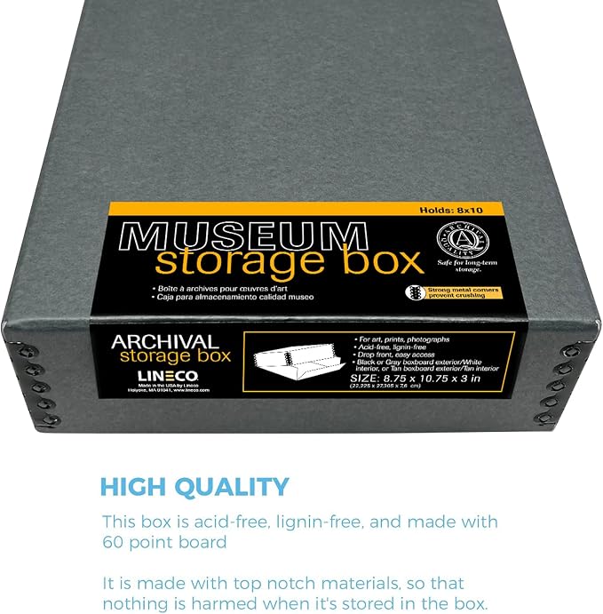 Lineco Drop Front Archival Storage Box, 8.75x10.75x3 in, Gray, 2 Pack | Acid-Free with Metal Edge, Preserves Picture Longevity, Organize Photos, Newspapers, Prints, Documents, Crafts, DIY