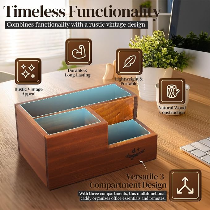 Flexzion Rustic Wooden Pencil Holder for Office - 3 Slots - Desk and Table Storage Organizer - Multifunctional Remote Control Holder for Home, School and Office
