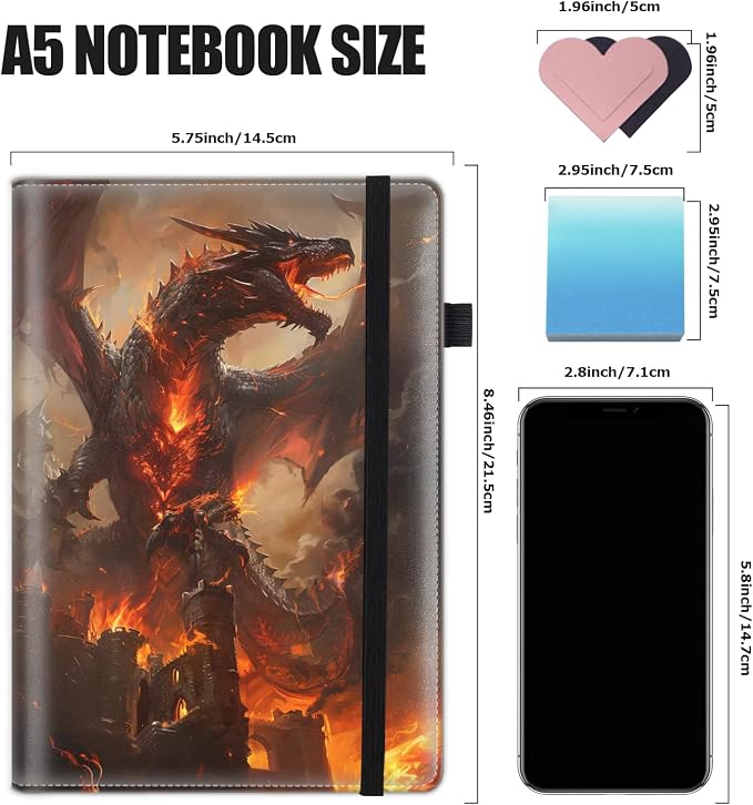 Hardcover Executive Notebooks, A5 PU Leather Lined Journal Notebook, 200 Pages Thick Paper Subject Notebooks for School,Work,Home Writing Business Notebook, Diary Book ，Fire Dragon