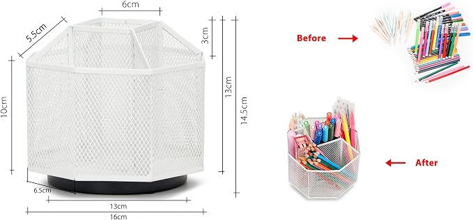 Exerz Desk Organizer 360 Rotating Pen Holder 5 Compartments Caddy White | Smooth Spinning Base with Open Mesh Sections Easy Access to Pens Brushes Scissors Daily Desk Tools