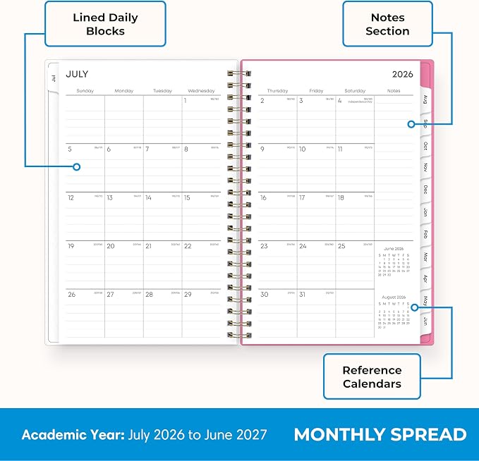 Blue Sky 2026-2027 Weekly & Monthly Academic Planner, 5"x8", Roosevelt Pink | July 2026 - June 2027, Flexible Cover, Wirebound, Laminated Tabs, Academic Year