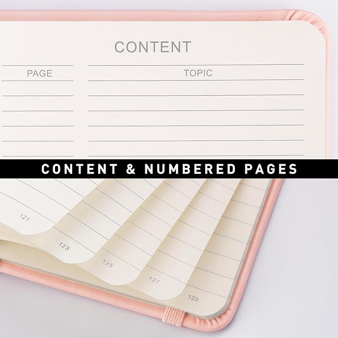 RETTACY Lined Journal Notebook, 192 Numbered Pages, A5 Size (5.7'' x 8.3'') | Leather Hardcover, 100 GSM Thick Paper, for Men & Women, Journaling, Writing, Work & Office (Pink)