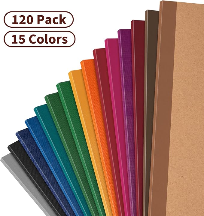 ALKALO 120 Pack Lined Notebook Journals Bulk, A5 College Ruled Composition Notebook, 8.3”x 5.5”, Kraft Cover with Vintage Spines, 15 Colors 60 Pages for School Office Travel(Vintage-Lined-120 pack)