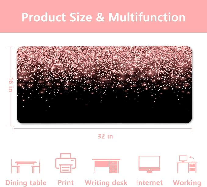 Britimes Pink Rose Gold Desk Mat Golden Black Deak Pad Non-Slip PU Leather Large Keyboard Mouse Pad Office Desktop Accessories for Office,Work,Home Decor(31.5"X15.7")
