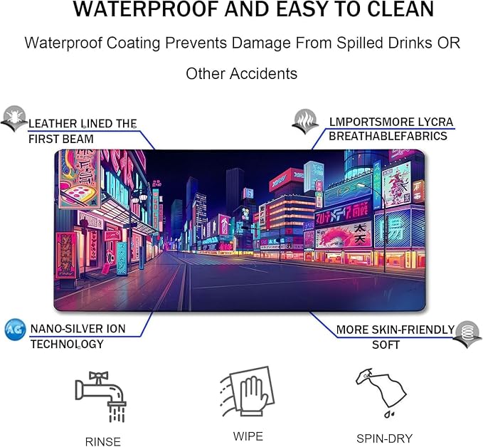 Japanese City Big Desk Mat Large Office Desk Pad, Durable Extended Mouse Mat, 35.4"x15.7" Computer Mousepad with Non-Slip Rubber Base & Stitched Edge for Home Office Gaming Work