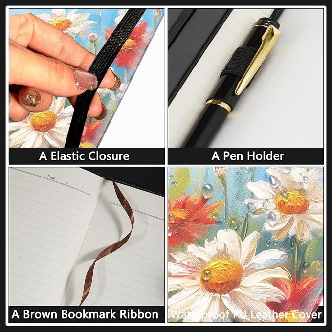 A5 Leather Lined Journal Notebook, 200 Pages Hardcover Executive Notebook for Men Women Office School Note Taking, Thick Writing Paper Daily Journal with Bookmarks/Indexes, Daisy Oil Painting