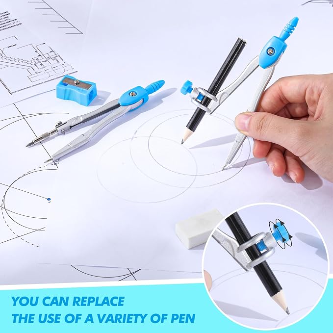 Zonon Math Geometry Set for Students 10 Pcs Compass Geometry Tools Kit Includes Protractor Compass Lead Refills Rulers Pencil Sharpener Eraser Pencil Storage Box for Drafting and Drawings(Blue)