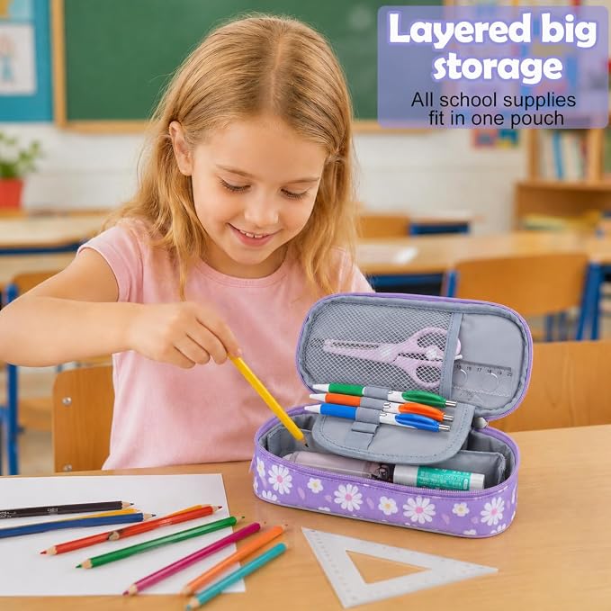 RHCPFOVR Kids Pencil Case for Girls-Soft Zipper Large Capacity Pencil Pouch for Girls Pencil Case for School Pencil Bag for Toddler (Purple Flower)