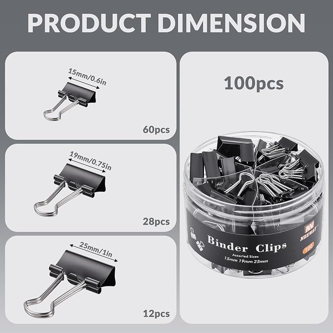 NEEWAY 100 Count Binder Clips Assorted Sizes, Paper Binder Clips (0.6inch 0.75inch 1inch), Metal Paper Clamps for Office and Home, Black