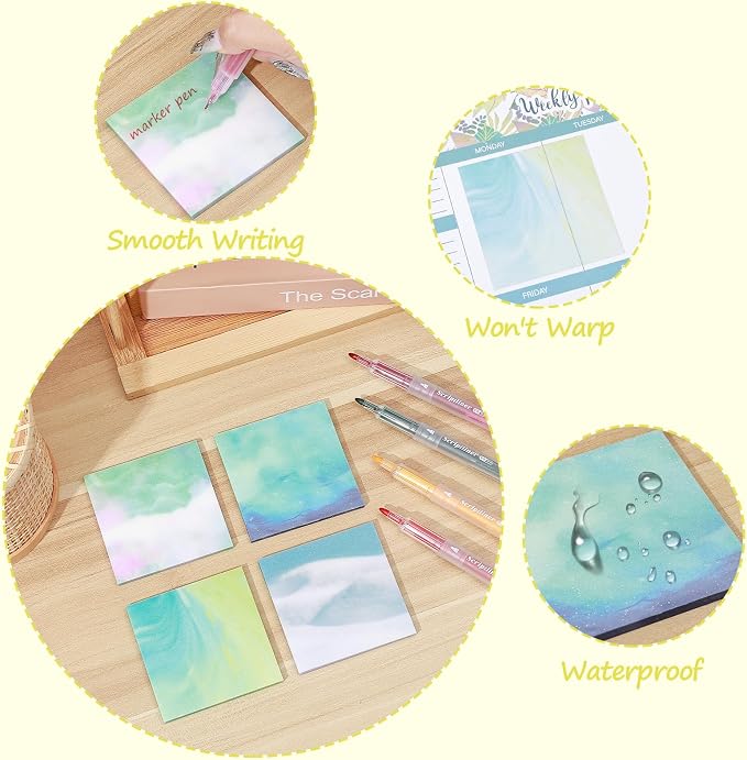BAYTORY 200 Sheets Transparent Sticky Notes, Glitter Clear Sticky Note | 6Pcs Double-ended Colored Marker Pen, 3 x 3 Waterproof Self-Stick Notes, Easy to Post for Note Taking (Morandi)