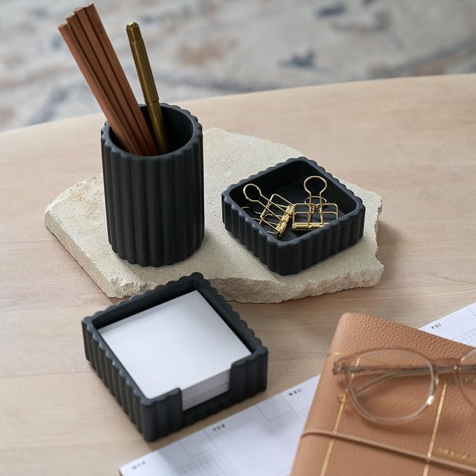 Aesthetic Desk Organizer Set of 3 For Your Office - Sturdy Concrete Desktop Accessories For Women Enhance Any Office Decor - Set incl. Pen Holder, Paperclip Storage & Sticky Note Holder for Teacher