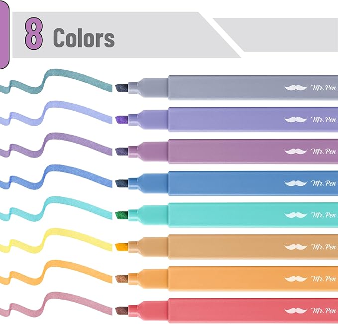Mr. Pen- Aesthetic Highlighters No Bleed, 8 Pack, Assorted Colors | Chisel Tip, Cute Highlighters Assorted Colors for Journaling, Highlighting, Underlining, Fast Dry, Back to School Supplies