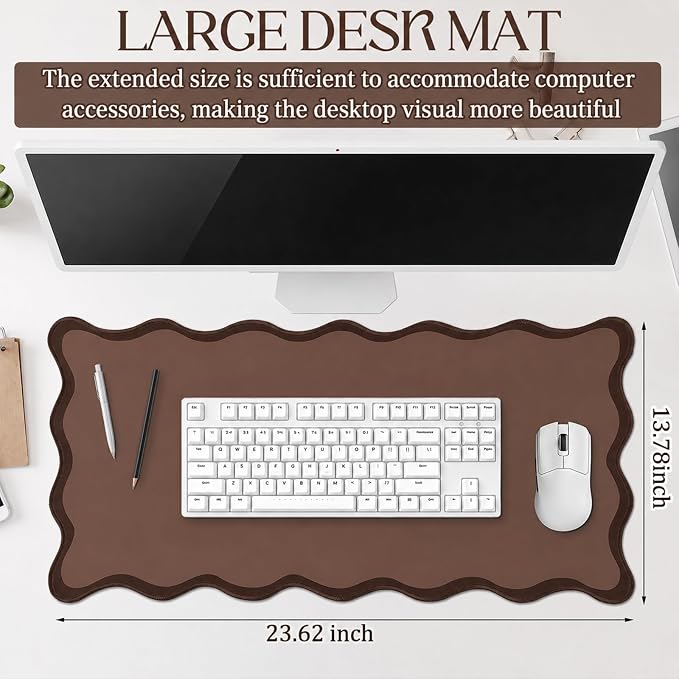 Hahafelt Scalloped Desk Mat Large Desk Pad Cute Coquette Table Mat Back to School Preppy Table Make up Pad Nonslip Graduation Gift with Stitching Waterproof Gaming(Brown,31.5 x 15.8 Inches)