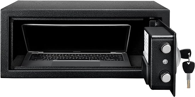 Amazon Basics Steel Security Safe and Lock Box with Digital Keypad, Electronic Lock, Emergency Key Open, Secure Cash, Jewelry, Documents, Black, 0.7 Cubic Feet, 16.9-x-14.6-x-7.1-inches (WxDxH)