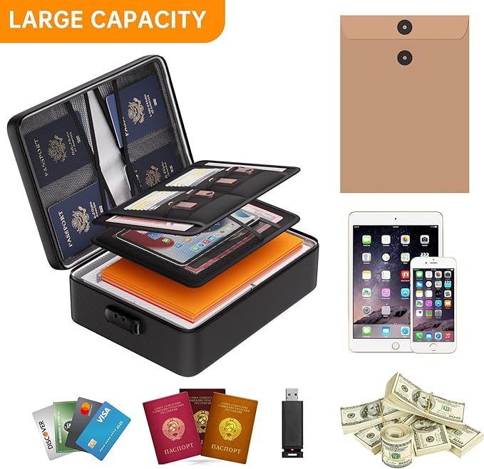 DocSafe 5200°F Fireproof Document Organizer Box with Lock, Heat Insulated | Upgraded Fire＆Water-Resistant Box 8 Layers File Organizer,Portable Home Travel Safe Storage for Important Documents and More