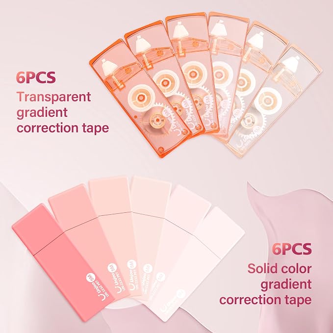 Unjoo Mini White Correction Tape Set (12pack, 5M/196" x 0.2", Pink) | Aesthetic Cute Correction Tape, Easy To Use, For school, Office Workers