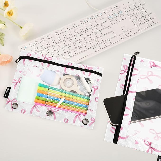 Pink Bow B Pencil Pouch for 3 Ring Binder 2 Pack Zipper Binder Pencil Bag Case with Clear Window Office Supplies