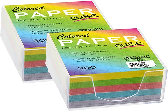 BAZIC Products Color Paper Cube with Tray, 300 Sheets, 2.95 in, 2-Pack | 300-sheet color paper cube, 2.95 x 2.95 in (75 x 75 mm), clear holder tray for quick notes and reminders