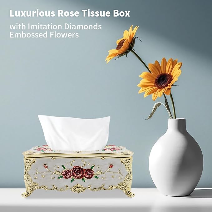 Luxurious Rose Tissue Box with Imitation Diamonds,Gold-White-red | Embossed Flowers，9.45"x5.43"x3.94"，Elegant Tissue Paper Holders，for Home Toilet Bath Hotel