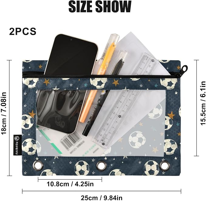 White Soccer Football Star Pencil Pouch for 3 Ring Binder 2 Pack Zipper Binder Pencil Bag Case with Clear Window Office School Supplies