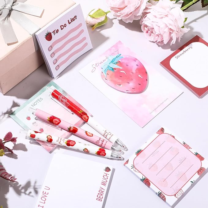 Sabary 18 Pcs Stationery Set, 12 Aesthetic Pens & 6 Sticky Notes, Valentines Gifts, Baby Shower Party, Cute Office School Supplies, Gifts for Women Students Nurses Teachers Coworker(Strawberry)