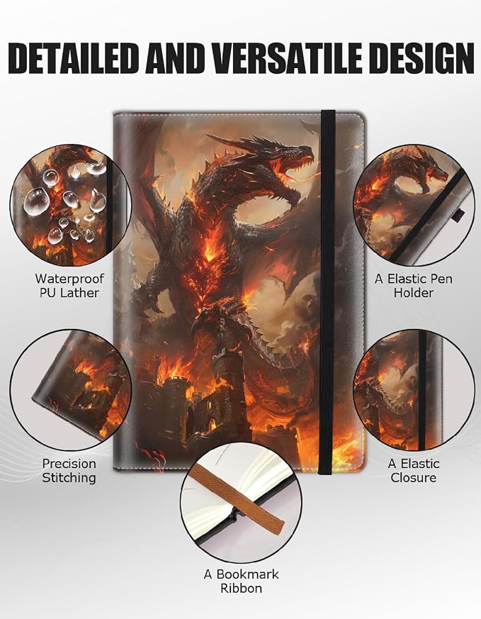 Hardcover Executive Notebooks, A5 PU Leather Lined Journal Notebook, 200 Pages Thick Paper Subject Notebooks for School,Work,Home Writing Business Notebook, Diary Book ，Fire Dragon