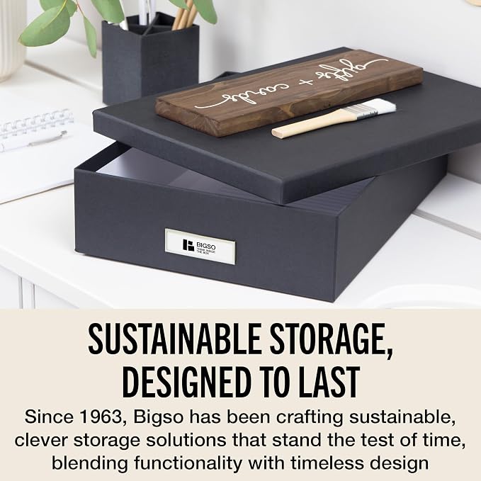 Bigso Oskar Fiberboard Label Frame Document Letter Box - File Organizer Box for Important Paperwork - Document Storage with a Lid & Metal Label Window - 3.3 in x 10.2 in x 13.8 in - Dark Grey