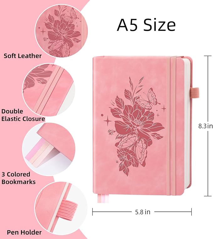 Lined Journal Notebook 365 Pages, A5 Leather Journals for Writing Women & Men, Hardcover Notebook with 100GSM Thick Paper, Daily Journal Notebook for Travel, Work, School, Note Taking, College Ruled