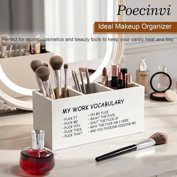 Minimalist Funny Pen Holder for Home Office Desk, Funny Office Gifts for Coworkers, My Work Vocabulary Humorous Wooden Box Sign Pencil Holder for Desk Shelf Organizer
