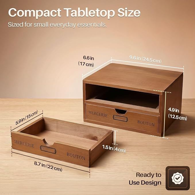 Flexzion Wood Desk Organizer with 2 Drawers, Vintage Desktop Drawers Cabinet for Office Supplies, Home Workspace, Countertop, Vanity, Craft Tools & Mail, No Assembly Required