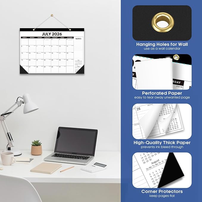 3 Pack of Desk Calendar 2026-2027, 18-Month Calendar Runs from July 2026 to December 2027, Large 17" x 12" Monthly Desktop & Wall Calendar for Home & Office - Black