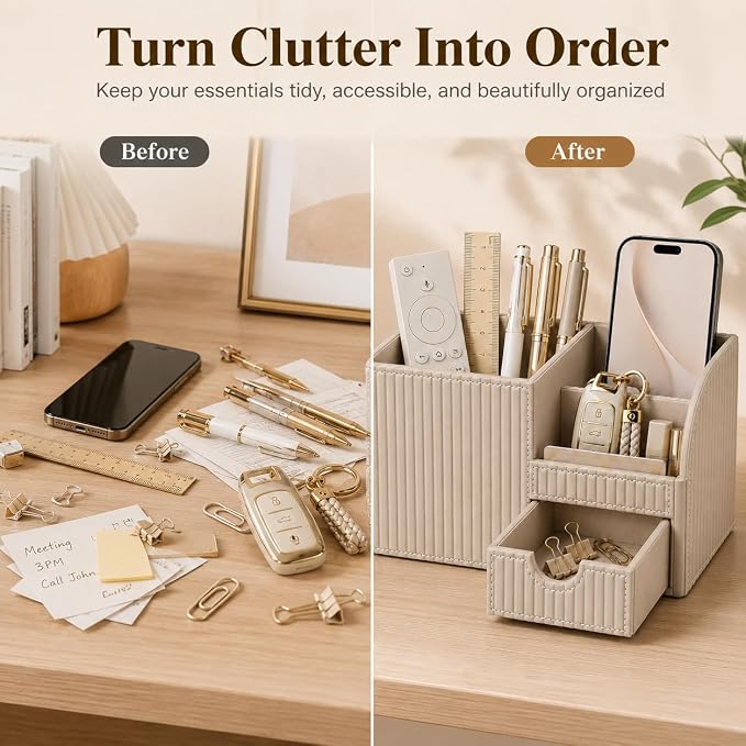 KINGFOM Luxury PU Leather Desk Organizer with Drawer, Modern Aesthetic Office Desk Accessories for Men & Women, Multi-Compartment Pen Holder & Desktop Storage Organizer for Home Office