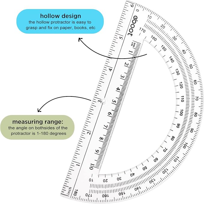 Zonon 2 Pcs 12 Inch Clear Ruler and 6 Inch Plastic Protractor Set, Dual Scale Inch/Cm Math Geometry Measuring Tools for Back to School Students Teachers Classroom Office Drafting Use(Clear)
